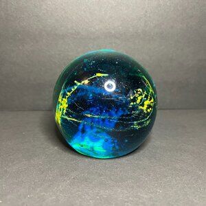 Vintage 70s Mdina SIGNED Blue Yellow Maltese Art Glass Round Paperweight 3"